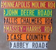Six various novelty road signs to include Abbey Road, Case Country, Massey-Harris Road, Allis