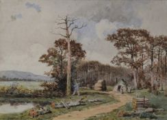 Georges Gassies (1829-1919) watercolour 'The Woodcutter' cottage, figures and a man chopping down