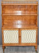 19thC satinwood waterfall bookcase cabinet with bobbin turned gallery and supports, wirework and