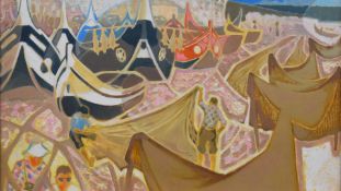 Oliver Heywood (1920-1992) oil on board, titled verso 'Portuguese Beach 1967', men with nets,