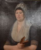 19thC oil on canvas portrait of a lady holding a hymn book, 70 x 57cm, in ornate period frame