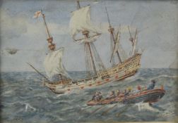Reginald Augustus Wymer (1849-1935) watercolour of a boat being rowed to shore from a sailing