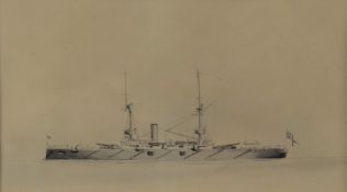 Attributed to Harold Wyllie (1880-1975), pen and ink study of a battleship, with label verso, 10 x