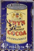 Vintage enamel advertising sign 'Fry's Cocoa', 81 x 62cm PLEASE NOTE this lot is located at and will
