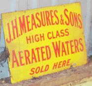 Vintage enamel advertising sign 'J H Measures & Sons Aerated Waters', 38 x 61cm PLEASE NOTE this lot