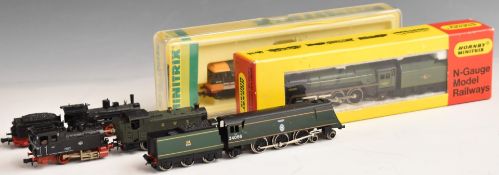 Six Graham Farish, Fleischmann and Hornby Minitrix N gauge model railway locomotives including BR