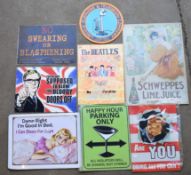 Eight metal advertising signs to include Beatles, Schweppes etc, largest approximately 60.5 x 45.5cm