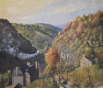 Oil on canvas landscape Brimscombe / Chalford, Stroud, Gloucestershire with steam train in valley