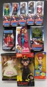 Eleven action figures and dolls including The Avengers, Toy Story, The Incredibles, Grease and