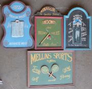 Four sporting interest wooden signs comprising snooker, Sandy's Sports, Tess Premium Products &
