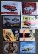 Eight motoring interest metal advertising signs to include Jaguar, Morgan, Ferrari and Bugatti, each