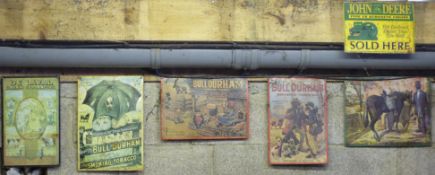 Eight metal advertising signs including John Deere, Bull Durham, Lionel Trains and Firezone oil,