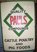 Vintage enamel advertising sign 'Pauls cattle poultry and pig foods', 122 x 81cm PLEASE NOTE this