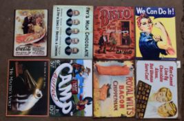 Eight metal advertising signs to include Bisto, Fry's chocolate, Coca Cola, Royal Wilts Bacon,