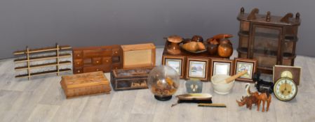 A collection of treen, clock movement, writing slope, small glazed cabinet etc