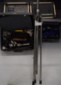 Torque pair of speakers, speaker stand and a selection of five cased microphones including Shure