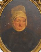 18th or 19thC Old Master school oil on canvas of a continental lady in a bonnet, maximum diameter