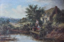 Victorian oil on canvas family fishing with cottage, sheep and village beyond, indistinctly signed
