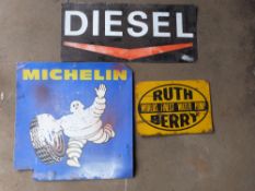 Three metal advertising signs comprising Michelin, diesel & Ruth Berry water pump, largest 74 x 74cm