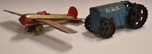 Mettoy or similar tinplate clockwork model aeroplane marked G-E OBT together with a Tri-ang