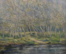 American Impressionist school oil on board of trees in blossom beside water, script verso to frame G