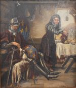 19th or early 20thC oil on board knight with lady, indistinctly signed lower right possibly I Pomin,