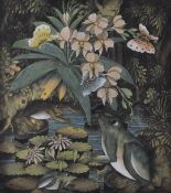 Watercolour of frogs, butterflies and flowers, signed lower right possibly I W Meres and dated 87,