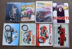 Eight metal advertising signs to include Bugatti, BMW and Atlas, largest approximately 40 x 30cm