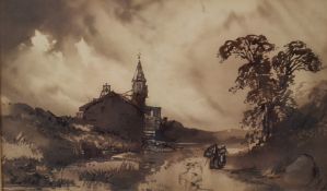 Attributed to John Syer (1815-1885) watercolour figures on a path with church beyond, 12 x 20cm,