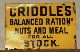 Vintage enamel advertising sign 'Criddle's Balanced Ration nuts and meal for all stock', 61 x 91cm