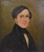 19thC oil on board head and shoulders portrait of a young man, indistinctly named and dated to label