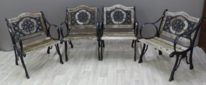 Four vintage heavy cast / wrought iron and teak garden chairs, W61cm