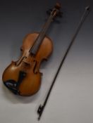 20thC unlabelled violin with 36cm two-piece flame back, bow and fitted Glaesel French bridge, in