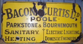 Vintage enamel advertising sign 'Bacon & Curtis Ltd, Poole Parkstone & Bournemouth', 46 x 91cm