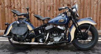 1942 Harley Davidson model U 1200cc V twin motorbike, registration number VSU 900. Purchased by