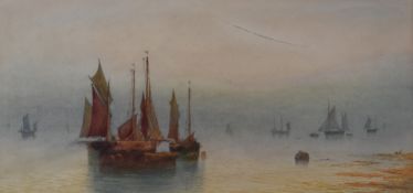 T. Montimen maritime watercolour sailing ships in a calm sea, signed lower left, 21 x 51cm, in oak