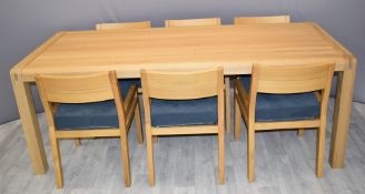 Habitat light oak dining table and six matching chairs, table 200 x 90 x 75cm