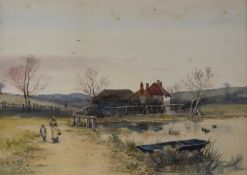 Victorian watercolour Essex landscape with punt on lake and cottage beyond, indistinctly signed