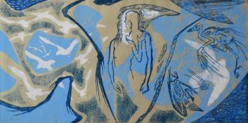 Oliver Heywood (1920-1992) gouache abstract study with figures surrounded by birds, signed and dated