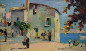 C R D'Oyly John (1906-1993) oil on canvas coastal town titled verso 'Cap Ferrat near Monte Carlo'