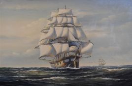 Ambrose oil on board sailing ship in full sail, signed lower right, 60 x 90cm, in gilt frame