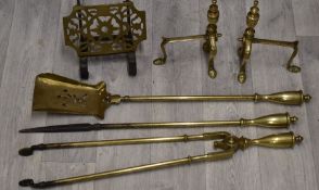 19thC brass fire irons, pair of fire dogs and a trivet
