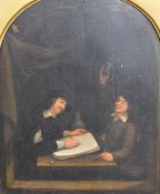 19thC continental oil on panel of two men, one writing, the other raising a goblet, indistinctly