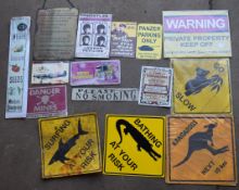 Fifteen signs including novelty, Australian warning signs, military etc, largest 38 x 38cm PLEASE
