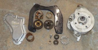 Velocette MAC alloy cylinder head together with further Velocette parts including drive gears,