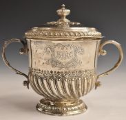 George V hallmarked silver pedestal twin handled covered porringer or trophy cup, with veteran car