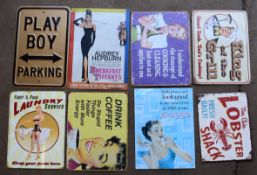 Eight metal advertising signs to include Breakfast at Tiffany's, Lobster Shack etc, each