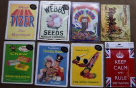 Eight metal advertising signs to include Rowntrees, sweets, Pepsi etc, each approximately 40 x