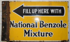 A vintage 'Fill up here with National Benzole Mixture' double sided enamel advertising sign of