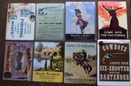 Eight military interest metal advertising signs to include Spitfire, battleships etc, each